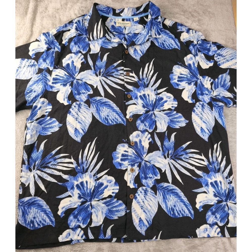 Caribbean Silk Blend Hawaiian Shirt Mens 2XB Blue Floral Aloha Camp